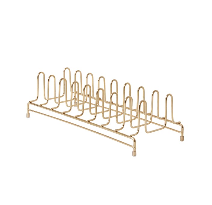 Ein goldener Tellerhalter für acht Teller ist abgebildet. Das Produkt hilft beim sicheren Aufbewahren und Präsentieren von Geschirr.
