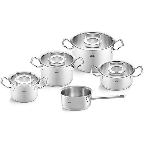 Ein fünf-teiliges Topfset der original profi collection von Fissler ist abgebildet. Die Töpfe haben ein modernes Design.