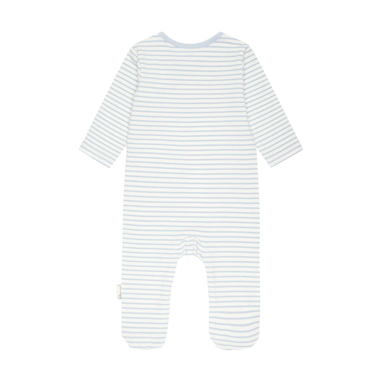Der Einteiler mit Fuß ist in Größe 44 und hat ein gestreiftes Muster in Blau. Er besitzt lange Ärmel und besteht aus weichem Stoff für Babys.