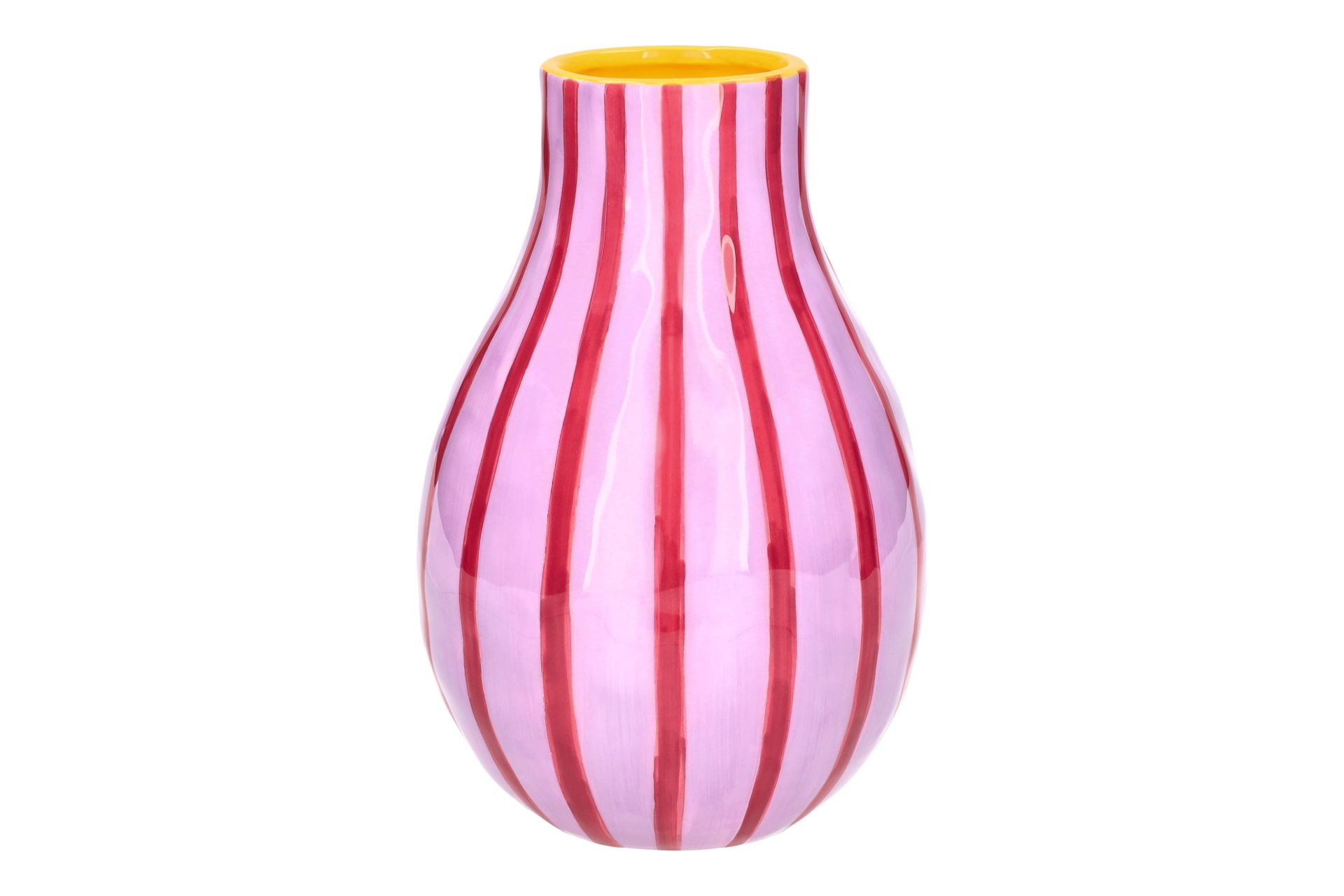 Zu sehen ist die Artisan Vase Gestreift in Größe L. Die Vase ist lila und pink gestreift.