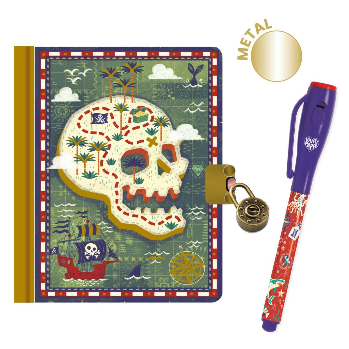 Das Bild zeigt ein geheimes Tagebuch mit einem Totenkopf-Schatzkarten-Design auf dem Cover und einem kleinen Schloss. Daneben liegt ein bunter Stift mit Piratenmotiven.