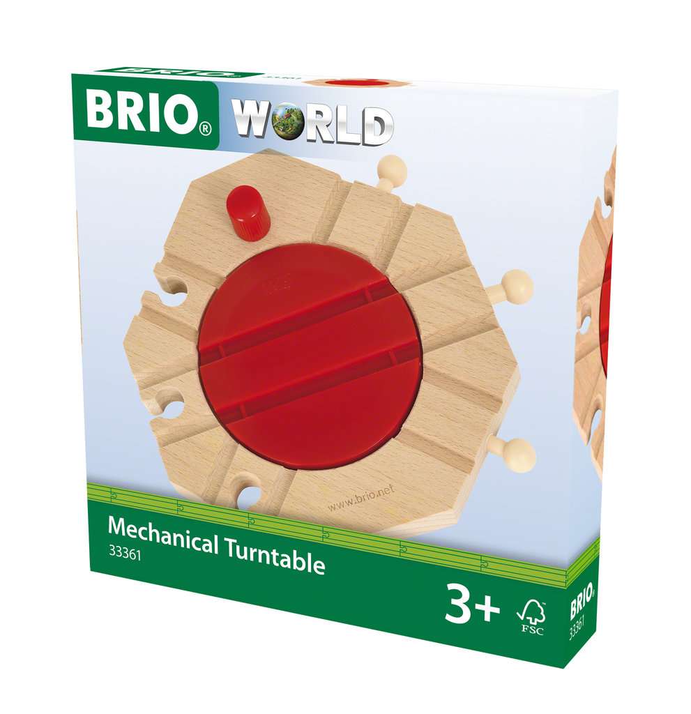 Auf dem Bild ist die Verpackung der BRIO® Mechanischen Drehscheibe 33361 zu sehen. Das Produkt ist für Kinder ab 3 Jahren geeignet.