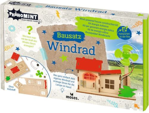 Auf dem Bild ist ein Bausatz für ein Windrad von der Marke PhänoMINT zu sehen. Die Verpackung zeigt ein Modellhaus mit einer kleinen Windkraftanlage daneben.