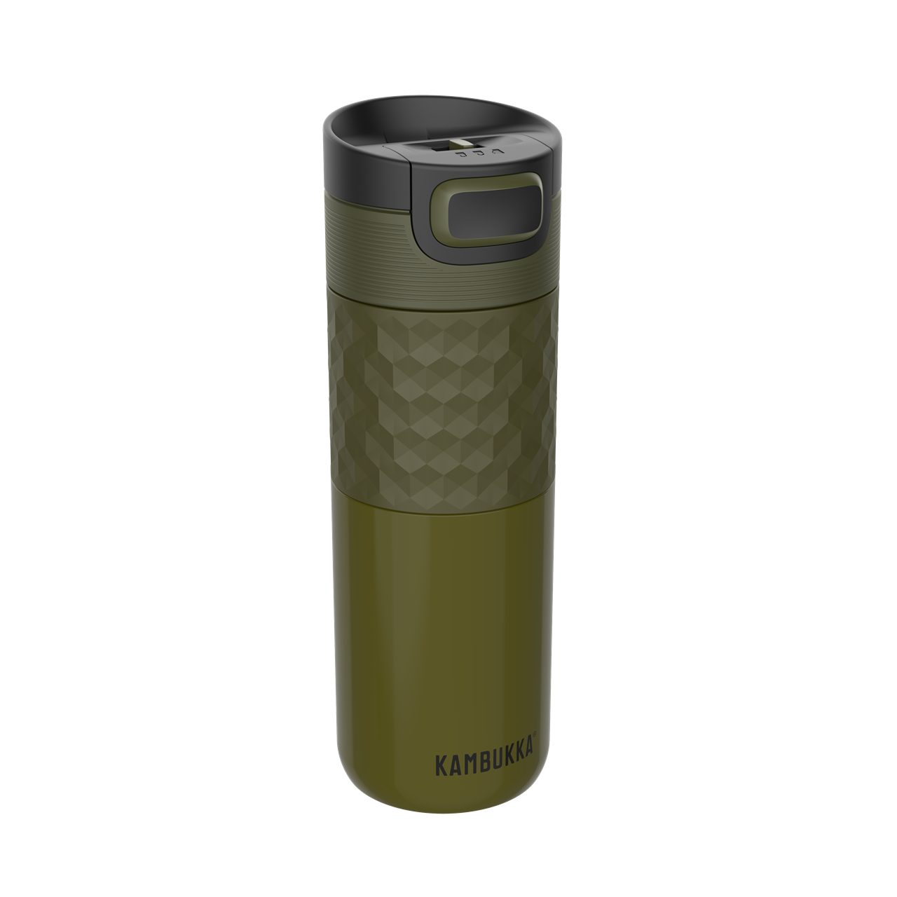 Die Abbildung zeigt eine khakifarbene Trinkflasche mit dem Namen "Etna Grip 0,5l Khaki Warrior". Sie hat eine strukturierte Oberfläche für besseren Halt und einen schwarzen Deckel mit Verschluss.