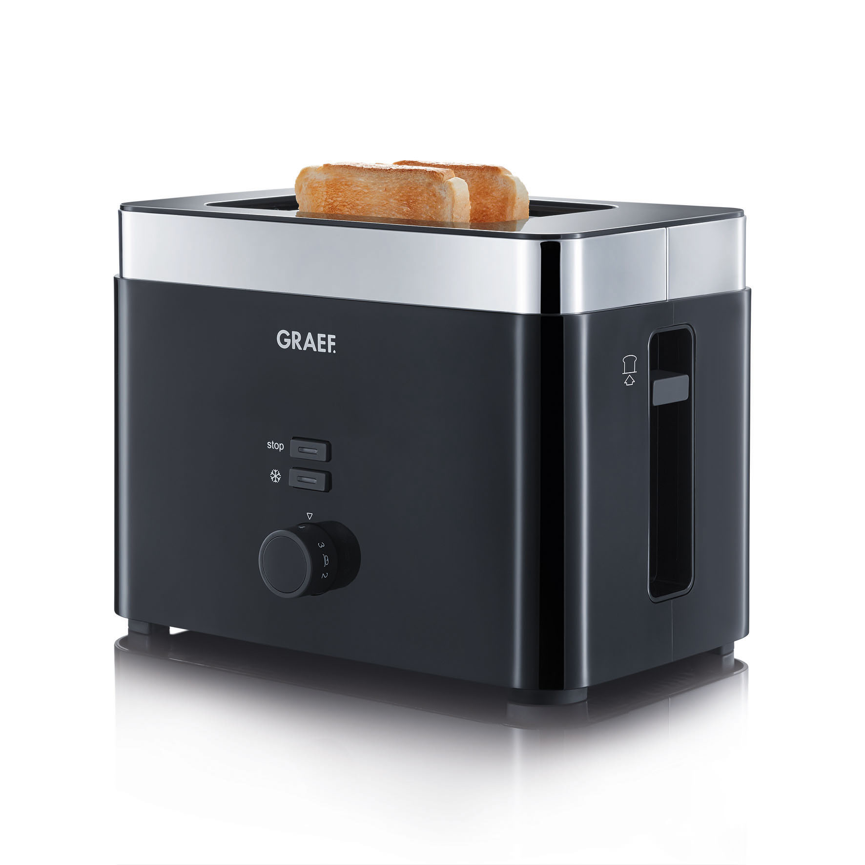 Hier ist der Toaster TO62 in Schwarz zu sehen. Das Bild zeigt die Hauptansicht des Toasters.