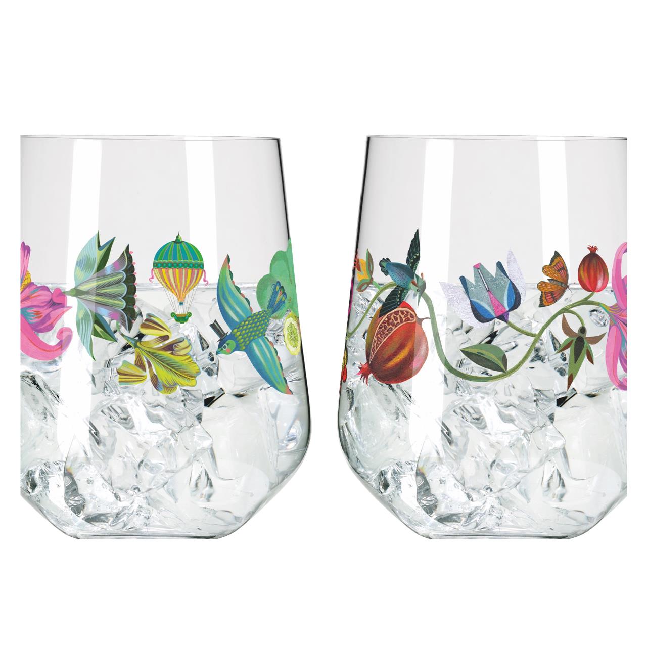 Auf dem Bild sind zwei Gin-Tumbler-Gläser mit bunten botanischen Motiven und Vögeln zu sehen. Die Gläser sind mit Eis gefüllt und zeigen ein farbenfrohes, verspieltes Design.