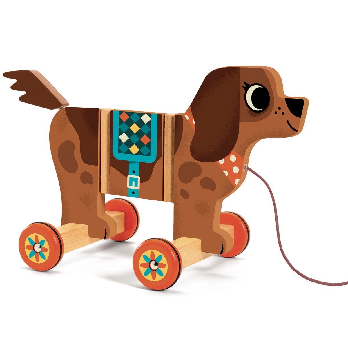 Das Bild zeigt das Produkt „Ziehtier: Nico“, ein Holzspielzeug in Form eines Hundes auf Rädern. Es hat bunte Details und kann mit einer Schnur gezogen werden.