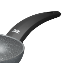 Das Bild zeigt eine Stielpfanne Montano mit einem Durchmesser von 28 cm. Die Pfanne hat einen schwarzen Griff und eine graue, beschichtete Innenseite.