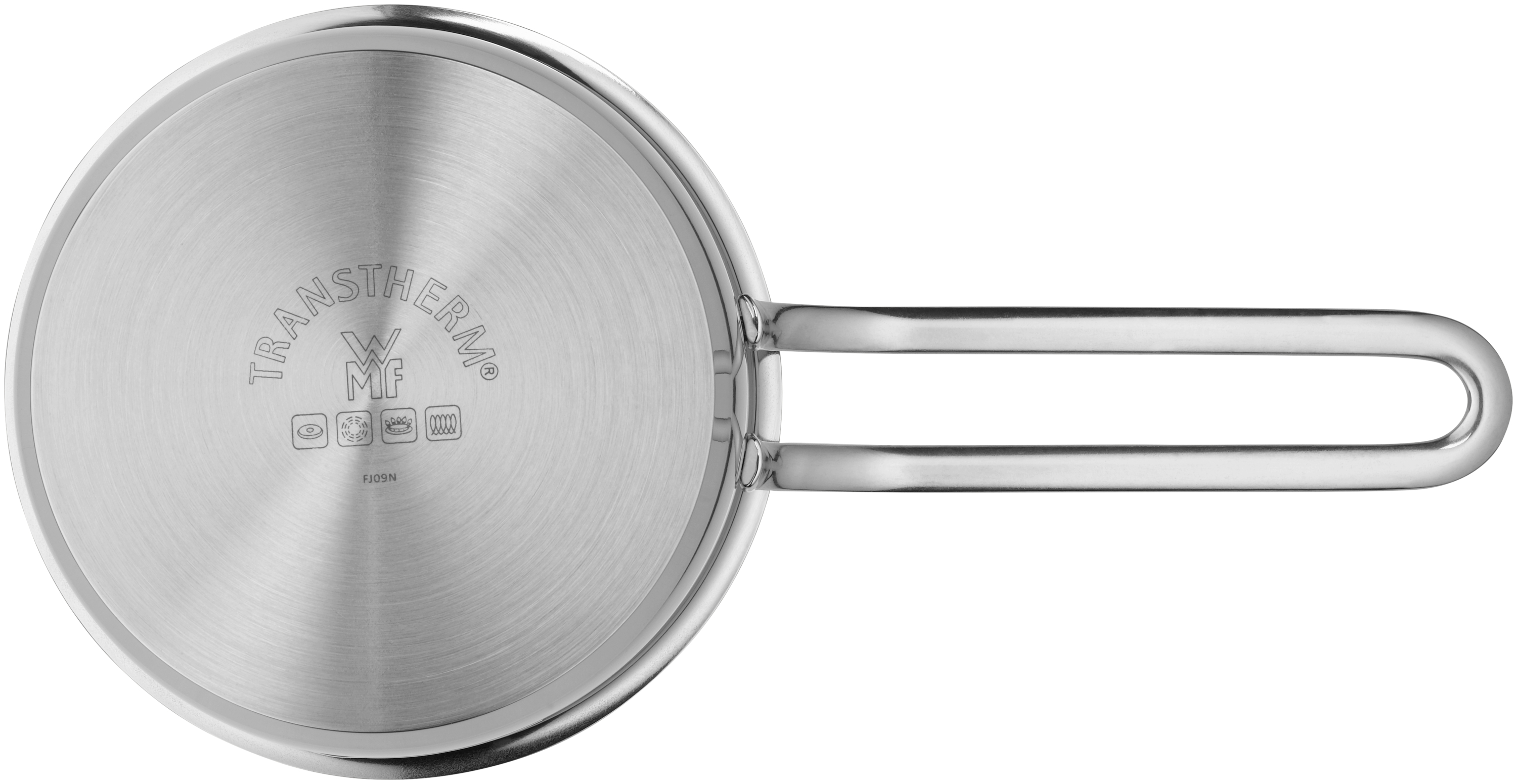 Auf dem Bild ist eine Edelstahlsaucepfanne mit einem langen Griff von oben zu sehen. Auf dem Boden der Pfanne steht "TransTherm WMF" mit mehreren Symbolen.