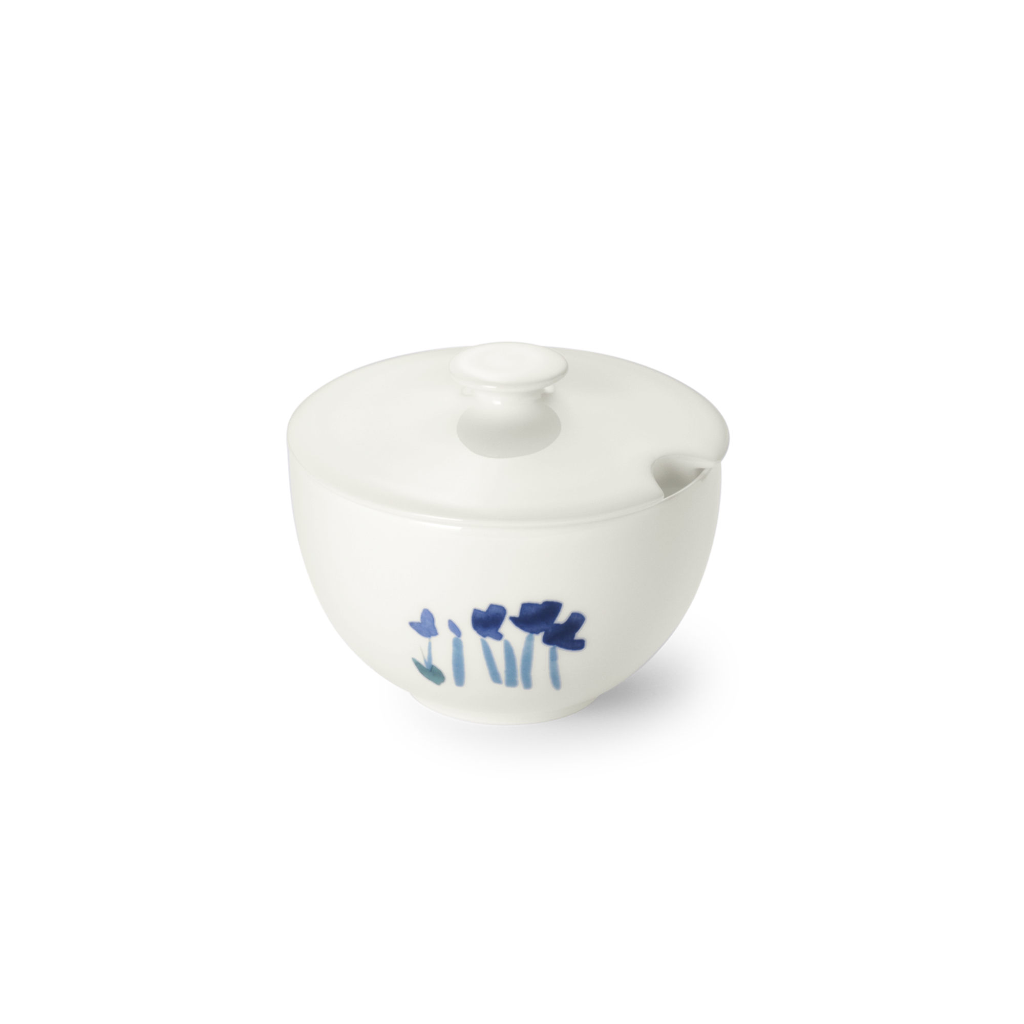 Dies ist eine Zuckerdose mit einem Fassungsvermögen von 0,25 Litern. Das Dekor zeigt das Muster Impression Blume Blau aus Fine Bone.