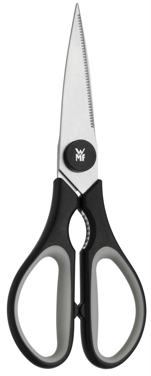 Die Abbildung zeigt eine schwarze Küchenschere mit ergonomischem Griff. Das Modell heißt "Küchenschere Touch, schwarz" von WMF.