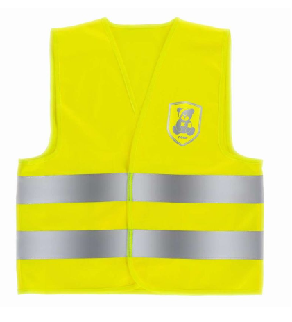 Abgebildet ist die MyBuddyGuard Kinder Warnweste in Größe 80-104. Sie sorgt für bessere Sichtbarkeit im Straßenverkehr.