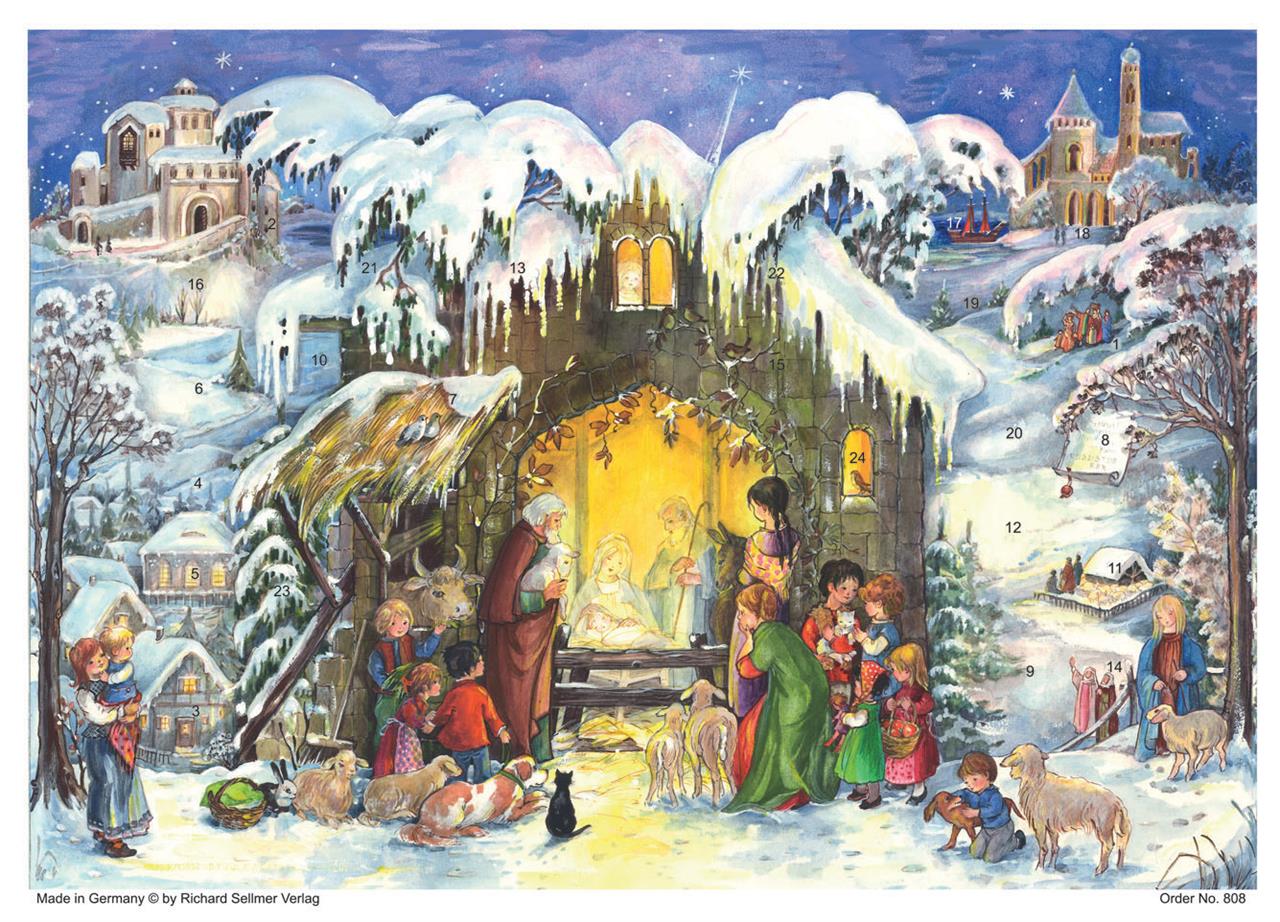 Das Bild zeigt eine weihnachtliche Krippenszene mit vielen Kindern, Tieren und Erwachsenen vor einem Stall. Überall im verschneiten Dorf sind nummerierte Türchen für den Adventskalender verteilt.