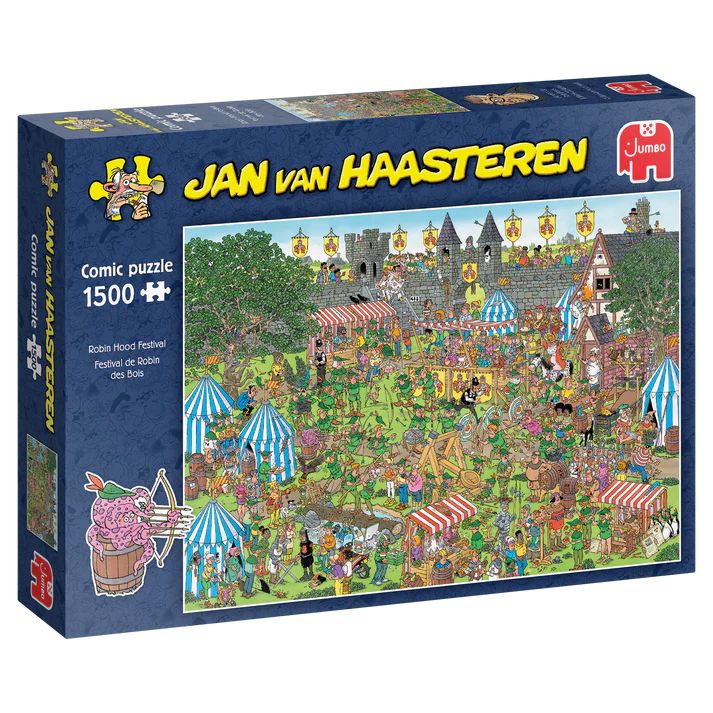 Das Bild zeigt die Verpackung eines Jan van Haasteren Comic-Puzzles mit dem Motiv "Robin Hood Festival" und 1500 Teilen. Auf dem bunten Motiv sind viele Menschen und mittelalterliche Marktstände bei einem fröhlichen Fest abgebildet.