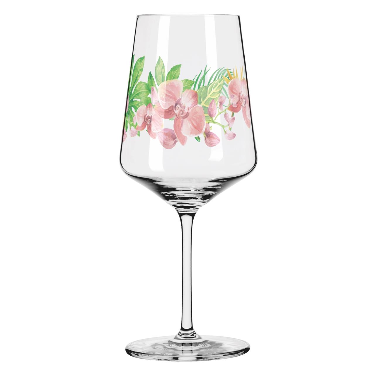 Das Bild zeigt ein elegantes Weinglas mit einem floralen Muster aus rosa Blumen und grünen Blättern. Das Glas gehört zum Produkt "Sommersonett Sprizz 2er-Set 005".