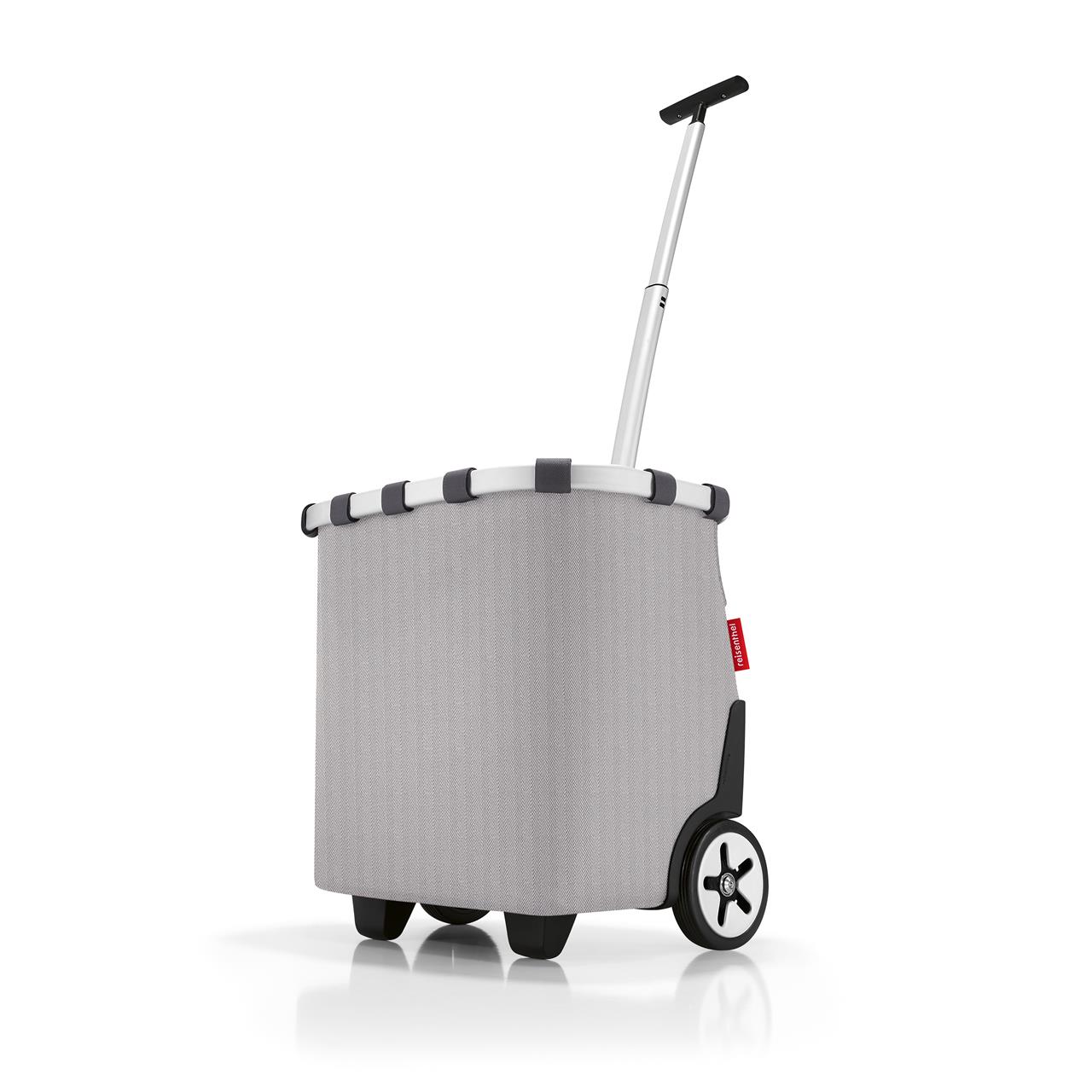 Auf dem Bild ist ein grauer Einkaufskorb mit Rollen und ausziehbarem Griff zu sehen. Der Korb hat ein modernes Herringbone-Muster und wirkt praktisch für den Transport von Einkäufen.