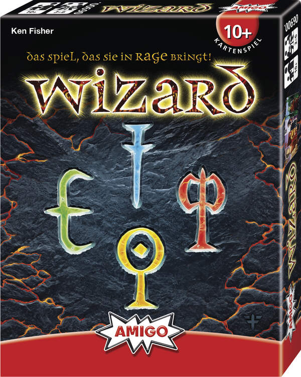 Das Bild zeigt die Verpackung des Kartenspiels "Wizard" von AMIGO. Auf dem Cover sind farbige Symbole und der Titel in leuchtenden Buchstaben zu sehen.