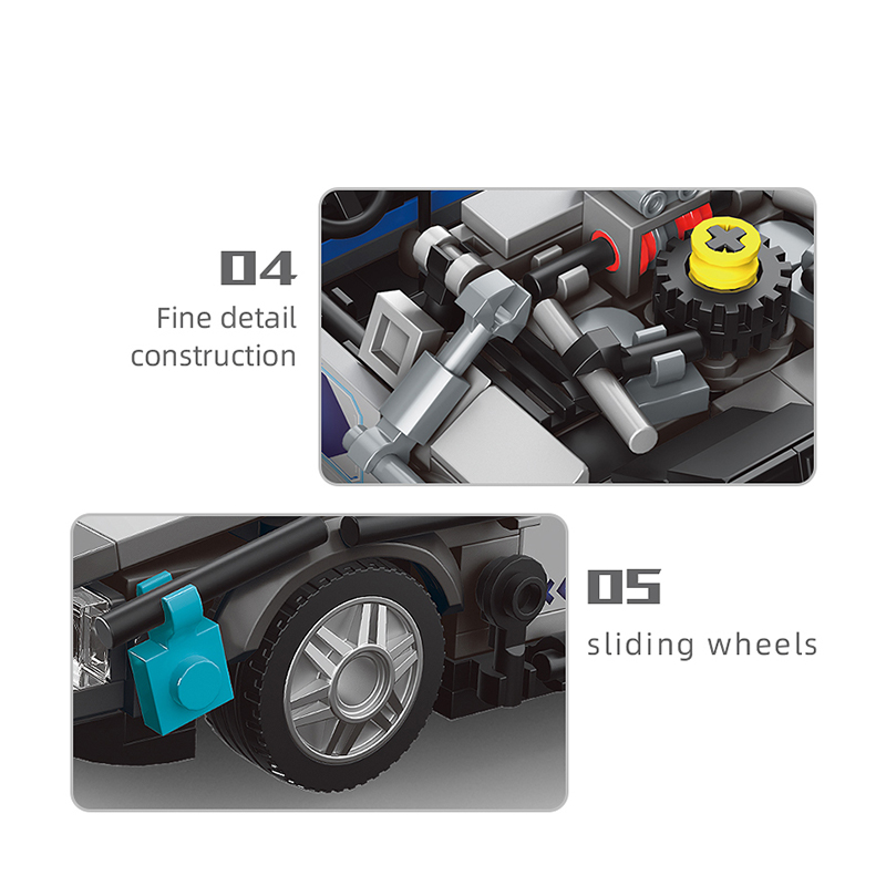 Das Bild zeigt Details des Produkts "Mould King® 27019 Delorean-12 Car + Showcase". Es hebt die feine Detailkonstruktion und die beweglichen Räder hervor.