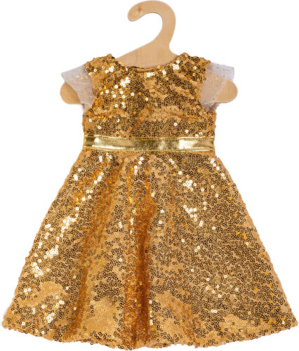 Das Bild zeigt ein glitzerndes, goldenes Kinderkleid mit Pailletten. Es hat kurze Ärmel aus Tüll und ein goldenes Band in der Taille.