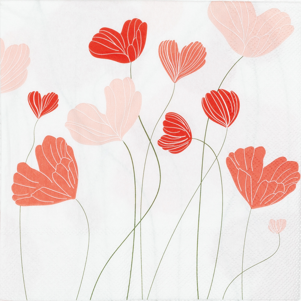 Die Serviette zeigt ein Blumenmuster mit roten und rosafarbenen Blüten in Herzform auf weißem Hintergrund. Die Größe der Serviette beträgt 33x33 cm.