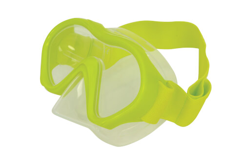 Auf dem Bild ist eine gelbe Taucherbrille zu sehen. Sie hat ein durchsichtiges Glas und ein passendes elastisches Band.