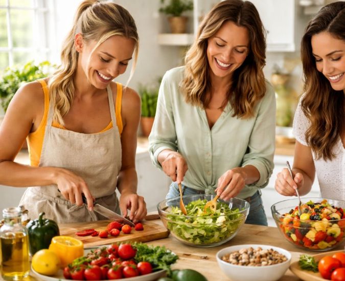 Das Bild zeigt eine Auswahl an Salat und Obst. Die Produkte sind ansprechend arrangiert.