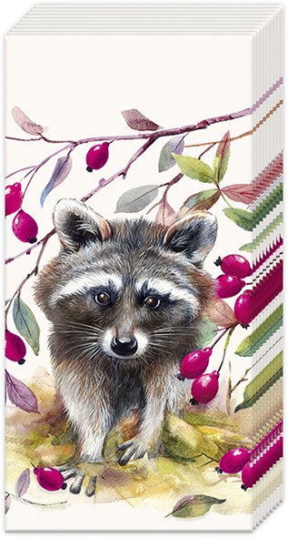 Das Bild zeigt eine Packung BANDIT Cream Papiertaschentücher PT1050860. Auf der Verpackung ist ein niedlicher Waschbär vor bunten Zweigen und roten Beeren abgebildet.