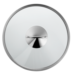 Das Bild zeigt den Glasdeckel einer beschichteten Servierpfanne von oben. Der Deckel hat einen silbernen Griff in der Mitte.