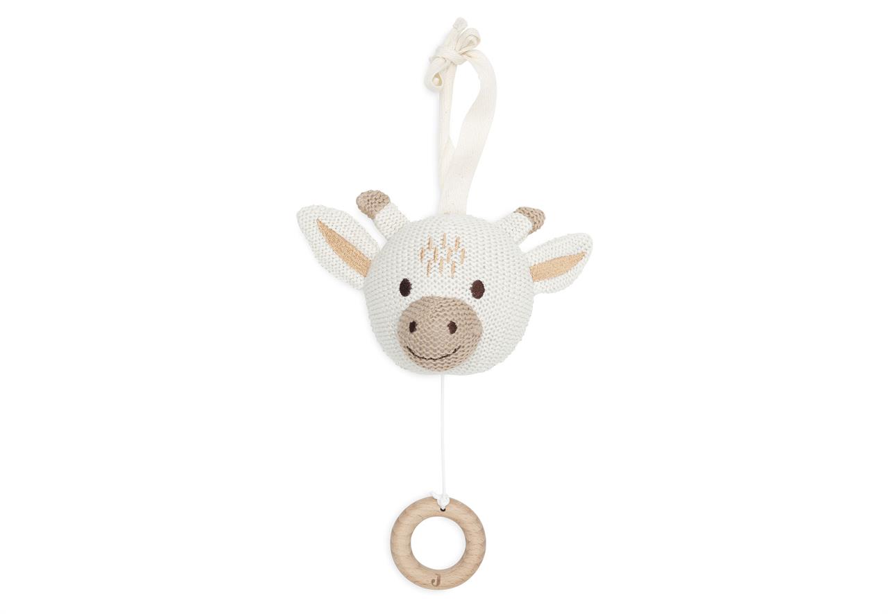Das Bild zeigt eine Spieluhr in Form eines gehäkelten Giraffenkopfes. Unten hängt eine Holzring zum Aufziehen der Spieluhr.