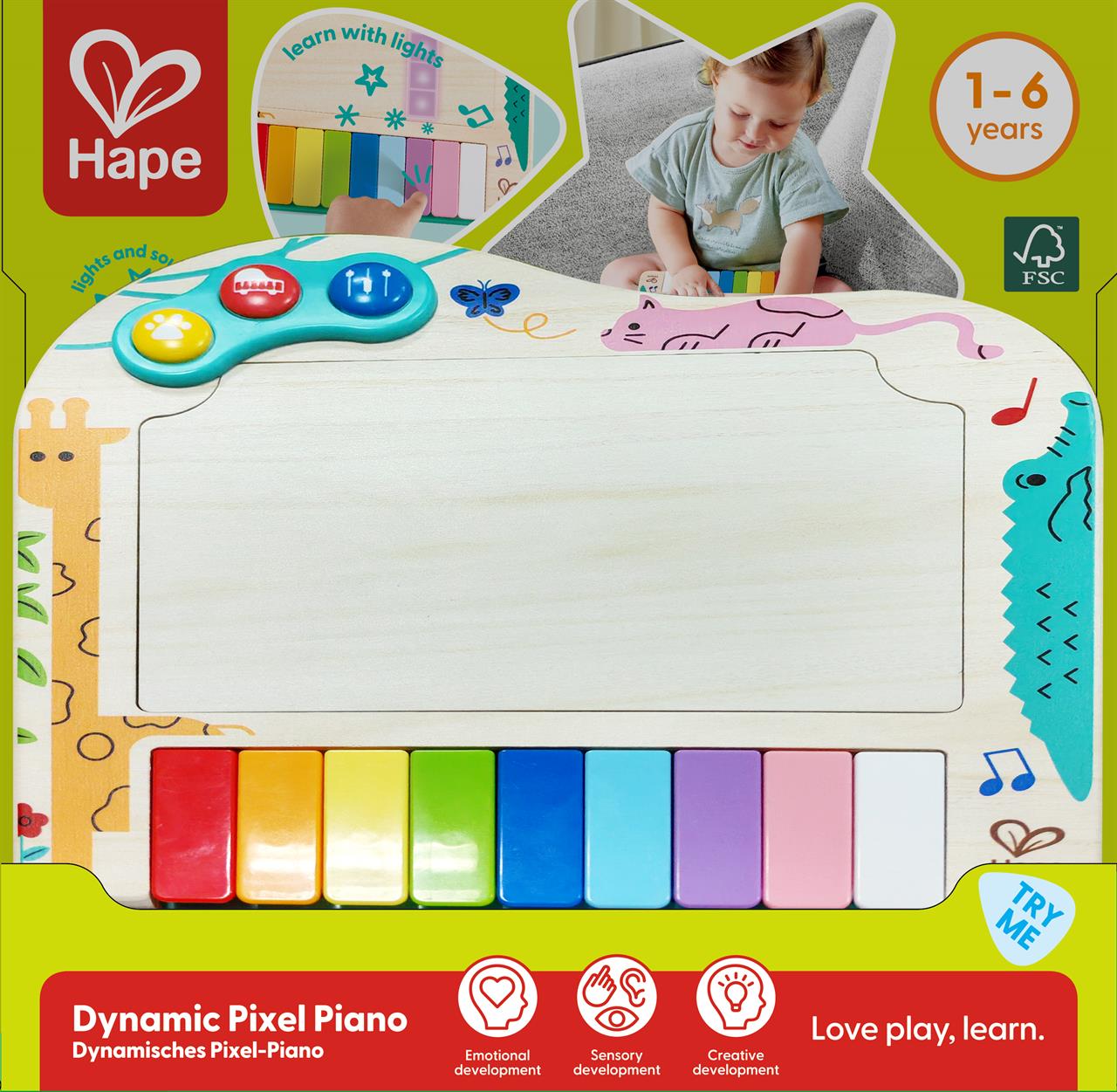 Das Bild zeigt ein buntes Kinderspielzeug namens "Dynamisches Pixel-Piano" von Hape für Kinder von 1 bis 6 Jahren. Das Piano hat bunte Tasten und fördert die emotionale, sensorische und kreative Entwicklung.