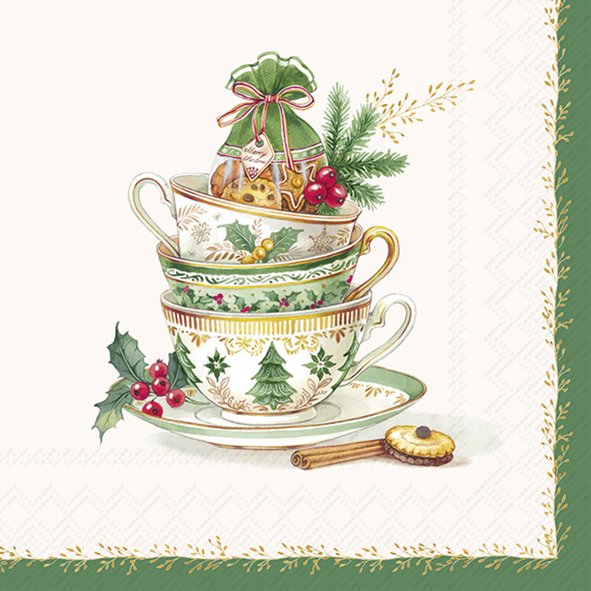 Die Festive Tea Time cream Lunch-Servietten sind auf diesem Bild zu finden. Diese Servietten zeigen ein festliches Teezeit-Design.
