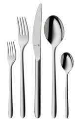 Das Bild zeigt ein Besteck-Set mit Gabel, Messer, Esslöffel, Teelöffel und Kuchengabel. Das Besteck ist aus glänzendem Edelstahl gefertigt und wirkt modern und elegant.
