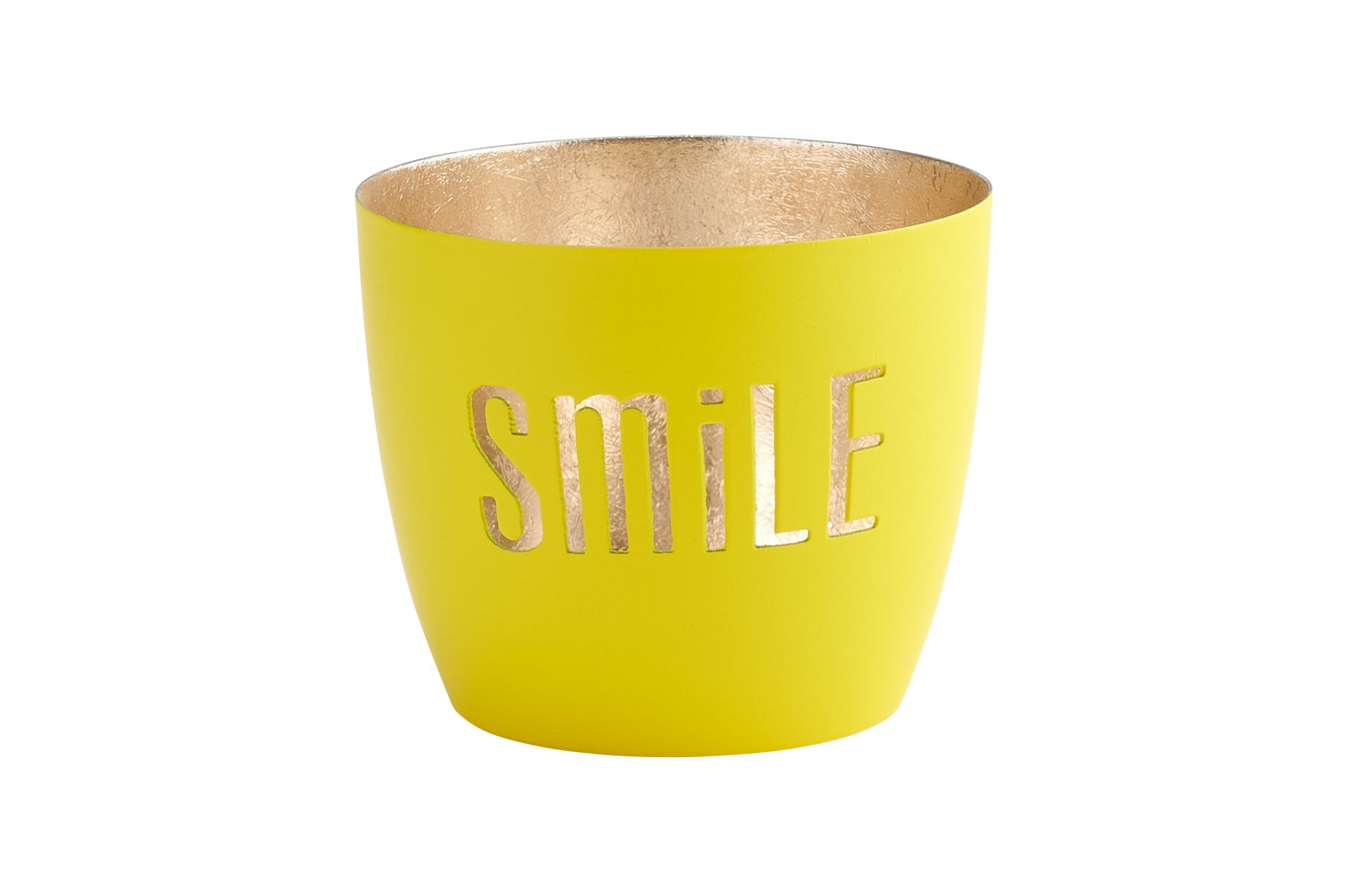 Madras Windlicht in Größe M mit dem Motiv 'Smile' in Neongelb und Gold. Es ist ein fröhliches Deko-Element für jeden Raum.