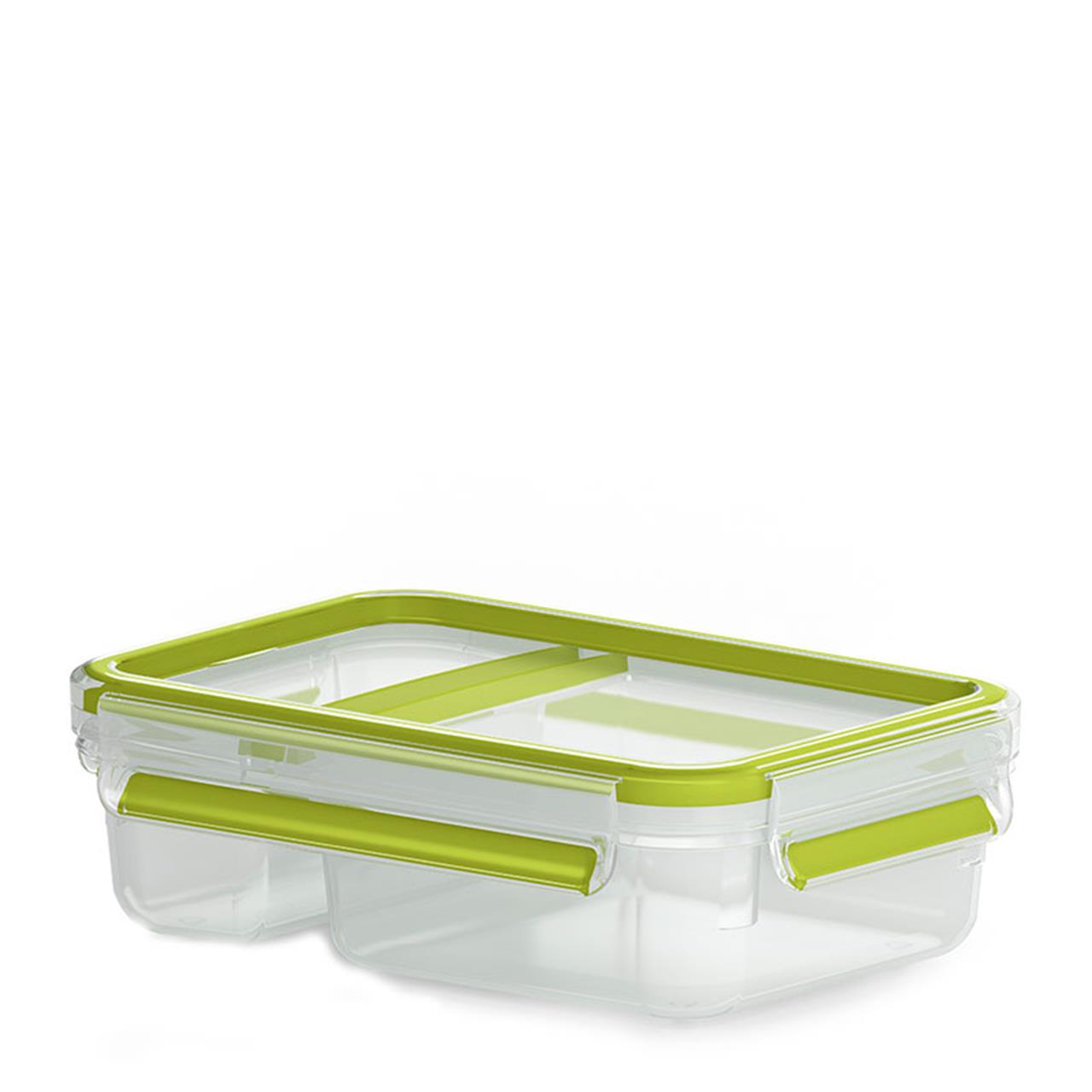 Die Abbildung zeigt eine transparente Joghurtbox mit grünem Rand und Clip-Verschluss. Die Box hat ein Fassungsvermögen von 0,6 Litern und ist in zwei Fächer unterteilt.