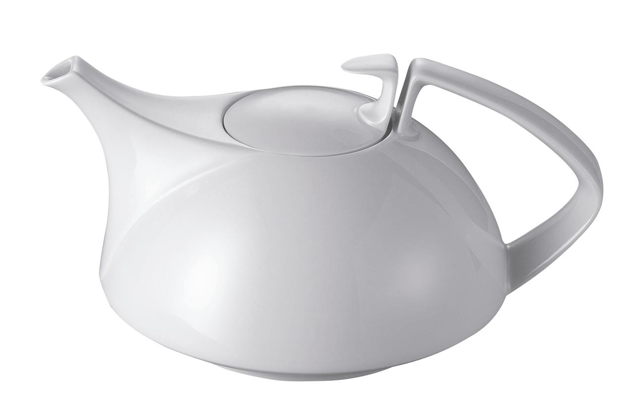 Die Abbildung zeigt eine weiße Teekanne mit modernem Design. Sie hat ein Fassungsvermögen von 1,35 Litern und ist für 6 Personen geeignet.