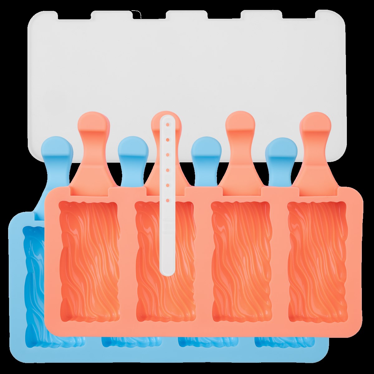 Das Bild zeigt ein Set aus zwei bunten Silikonformen für Eis am Stiel mit gewelltem Muster. Im Set sind eine blaue und eine orange Form sowie weiße Stiele enthalten.