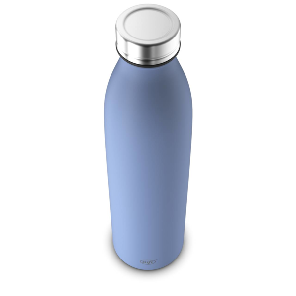 Eine hellblaue Isolierflasche ist zu sehen. Das Produkt wird seitlich präsentiert.