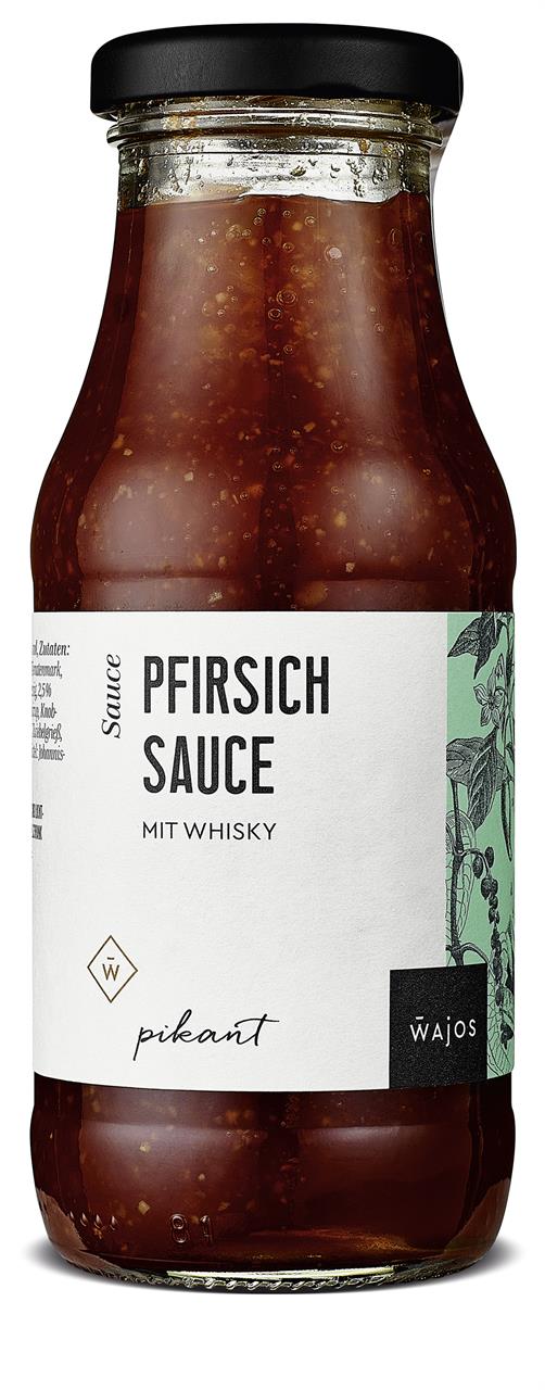 Die Abbildung zeigt eine Flasche "Pfirsich Sauce mit Whisky" mit 245 ml Inhalt. Das Etikett ist modern gestaltet und trägt die Marke Wajos.