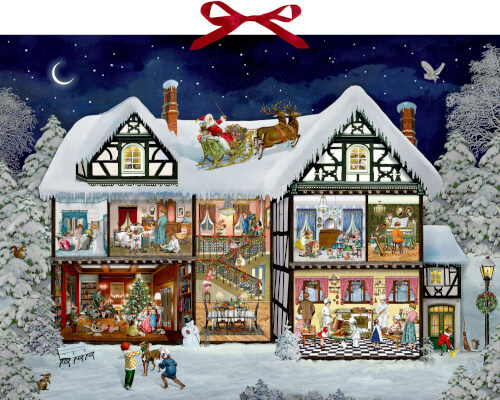 Das Bild zeigt ein festlich geschmücktes Haus im Schnee, in dem Menschen fröhlich Weihnachten feiern. Auf dem schneebedeckten Dach fährt der Weihnachtsmann mit seinem Rentierschlitten vorbei.