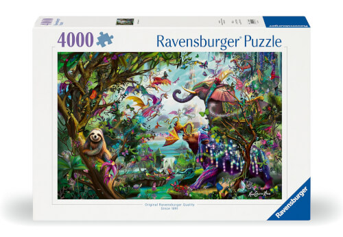 Auf dem Bild ist eine Ravensburger Puzzle-Schachtel mit 4000 Teilen zu sehen. Das Motiv zeigt eine bunte Dschungellandschaft mit vielen Tieren und Pflanzen.