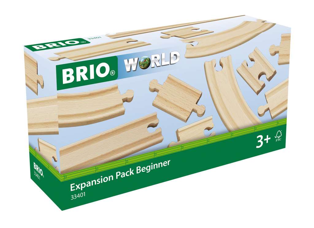 Auf dem Bild ist die Verpackung des Produkts "BRIO® Kleines Schienensortiment" zu sehen. Die Packung zeigt verschiedene Holzschienenteile für das BRIO-Eisenbahnsystem, geeignet für Kinder ab 3 Jahren.