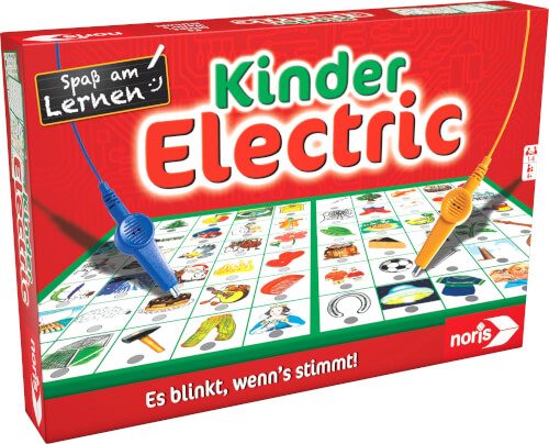 Auf dem Bild ist das Spiel "Kinder Electric" von Noris zu sehen. Es handelt sich um ein Lernspiel mit bunten Bildern und zwei Kabeln zum Zuordnen.