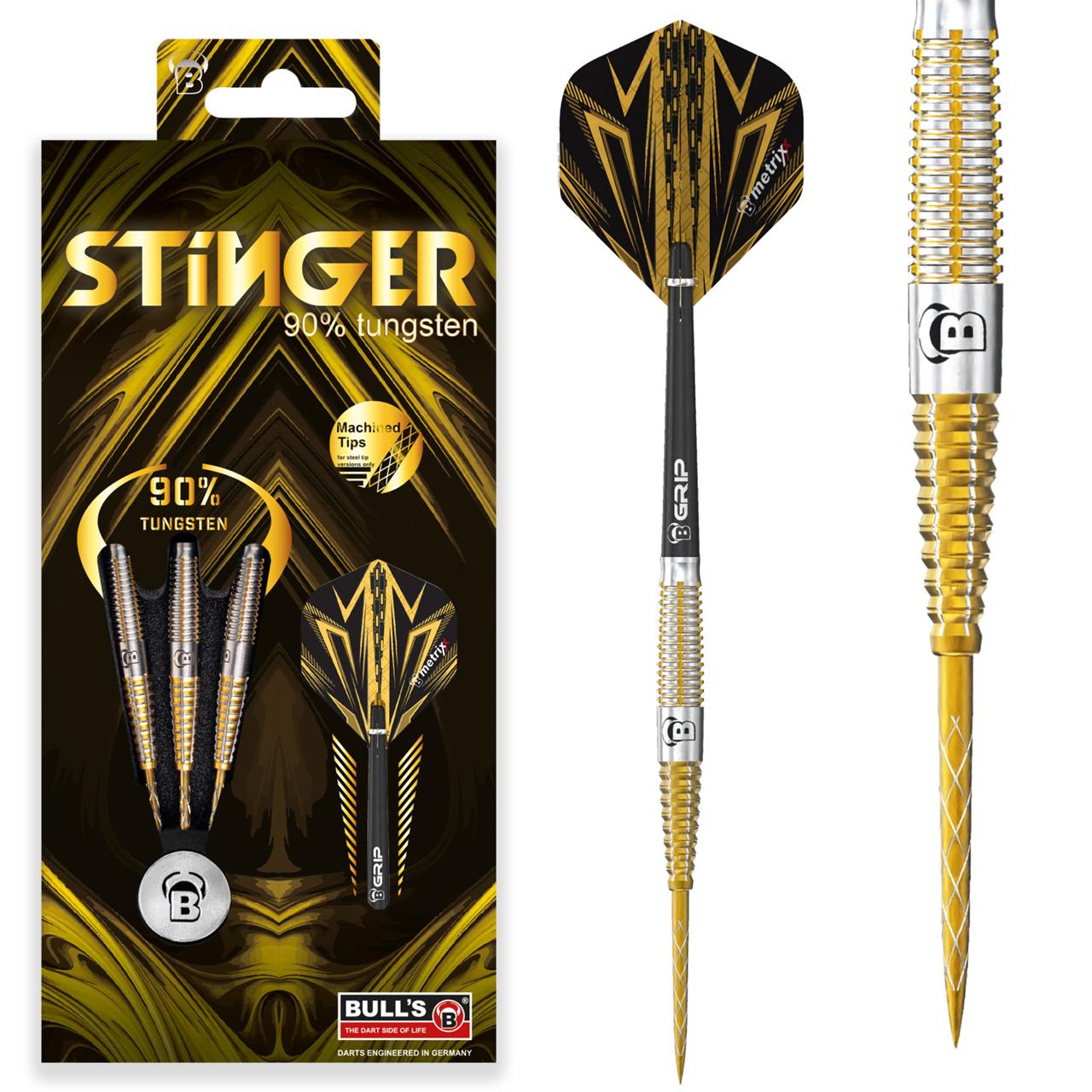 Das Bild zeigt das Produkt "BULL'S® Stinger Steel Dart 23g" mit auffälligem schwarz-goldenem Design. Die Verpackung hebt hervor, dass der Dart zu 90% aus Tungsten besteht.