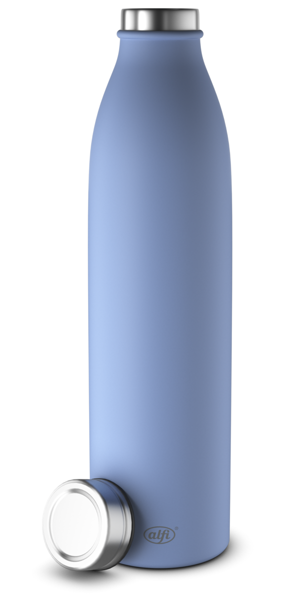 Das Bild zeigt eine geöffnete hellblaue Isolierflasche. Der Deckel befindet sich neben der Flasche.