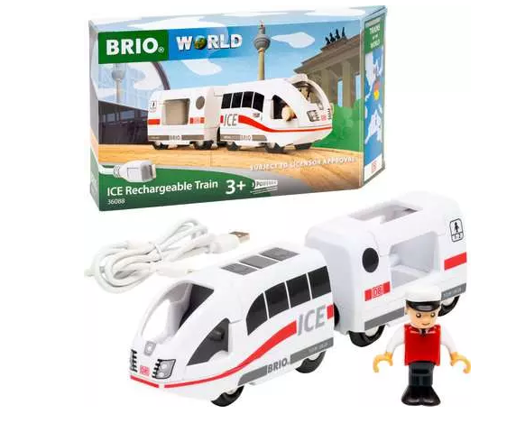 Das Bild zeigt den BRIO® World ICE Akku Reisezug 36088. Es ist ein moderner Spielzeugzug mit Akkuantrieb für Kinder.