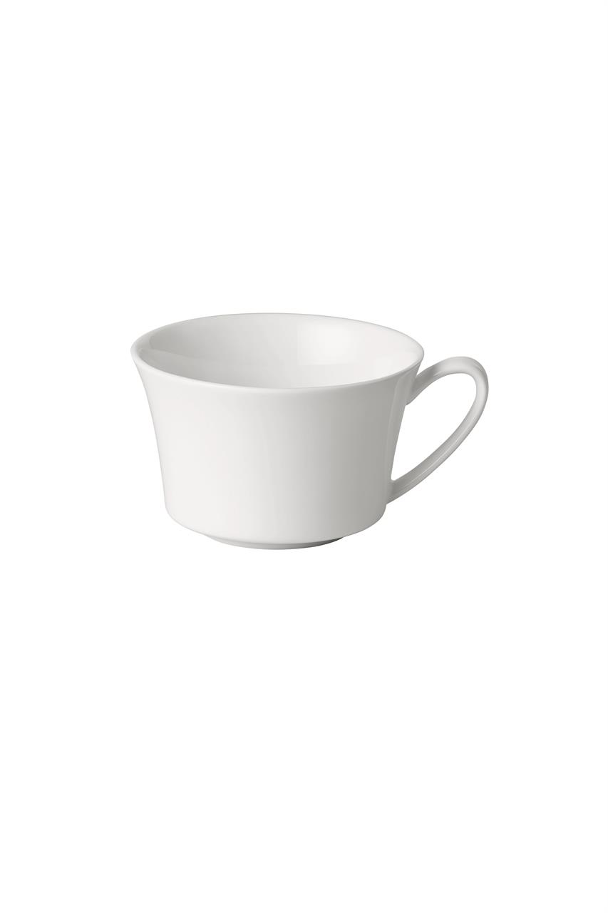 Die Abbildung zeigt eine schlichte, weiße Teetasse mit Henkel. Das Fassungsvermögen der Tee-Obertasse beträgt 0,22 Liter.
