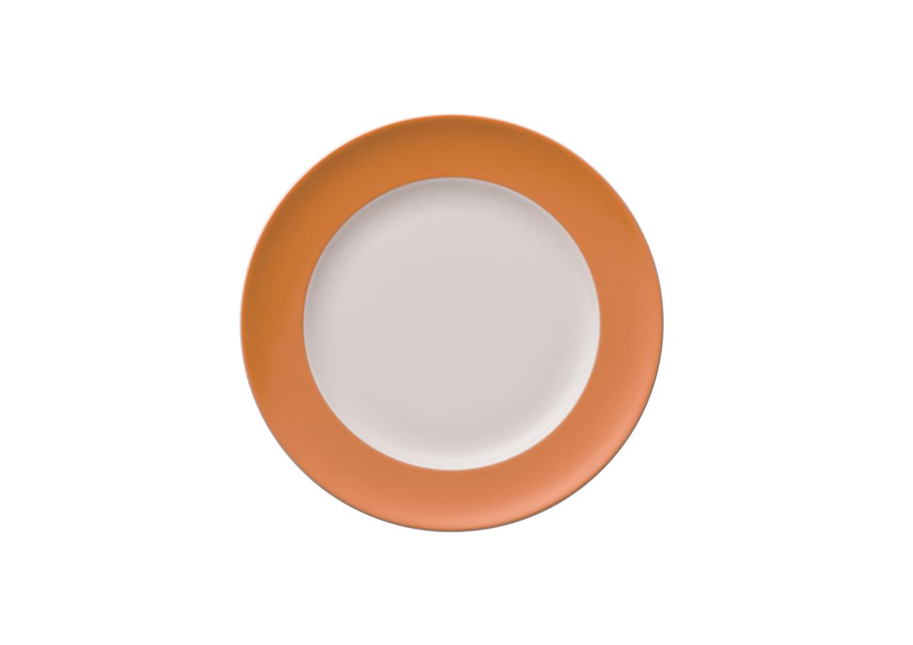 Auf dem Bild ist ein Frühstücksteller mit einem Durchmesser von 22 cm zu sehen. Der Teller hat einen weißen Innenteil und einen orangefarbenen Rand.