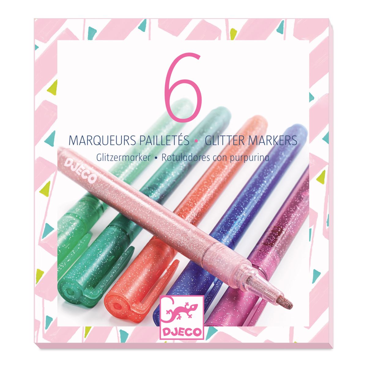 Das Bild zeigt eine Packung mit sechs glitzernden Farbstiften namens "Farben Glitzermarker Sweet" von Djeco. Die Marker sind in verschiedenen bunten Farben und haben glitzernde Kappen und Stifte.