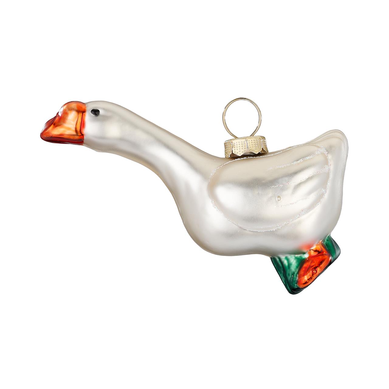 Das Bild zeigt einen weißen Glas-Baumanhänger in Form einer Gans. Der Anhänger ist etwa 8 cm groß und hat bunte Details am Schnabel und an den Füßen.