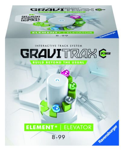 Auf dem Bild ist die Verpackung des GraviTrax Power Element Elevator abgebildet. Es handelt sich um ein interaktives Kugelbahnsystem für Kinder ab 8 Jahren von Ravensburger.